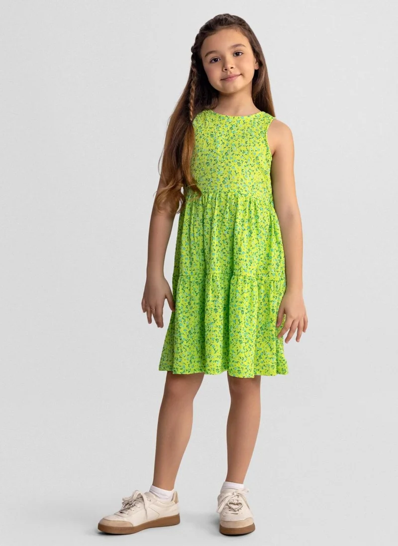 MINOTI Girls sleeveless emerald floral summer dress adjustable back tie